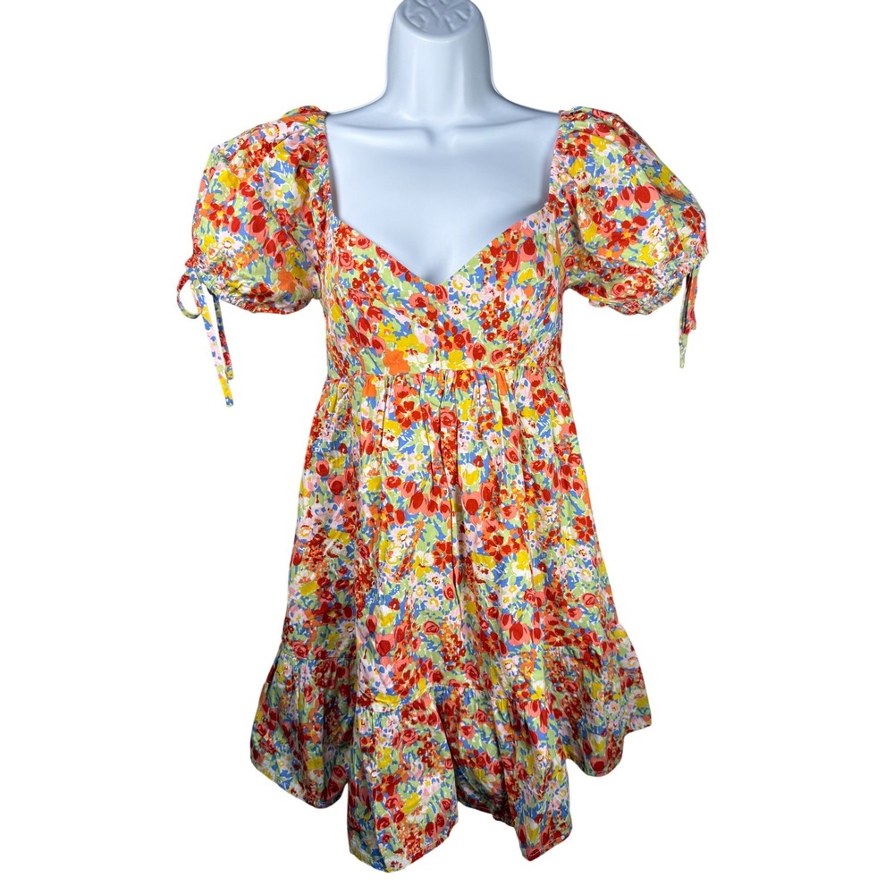 &merci Floral Puff Sleeve Babydoll Mini Dress Cottagecore S